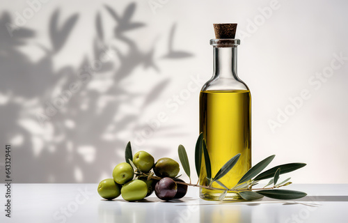 Olive Oil Bottle with Olives and Olive Branch, White Background with Shadow