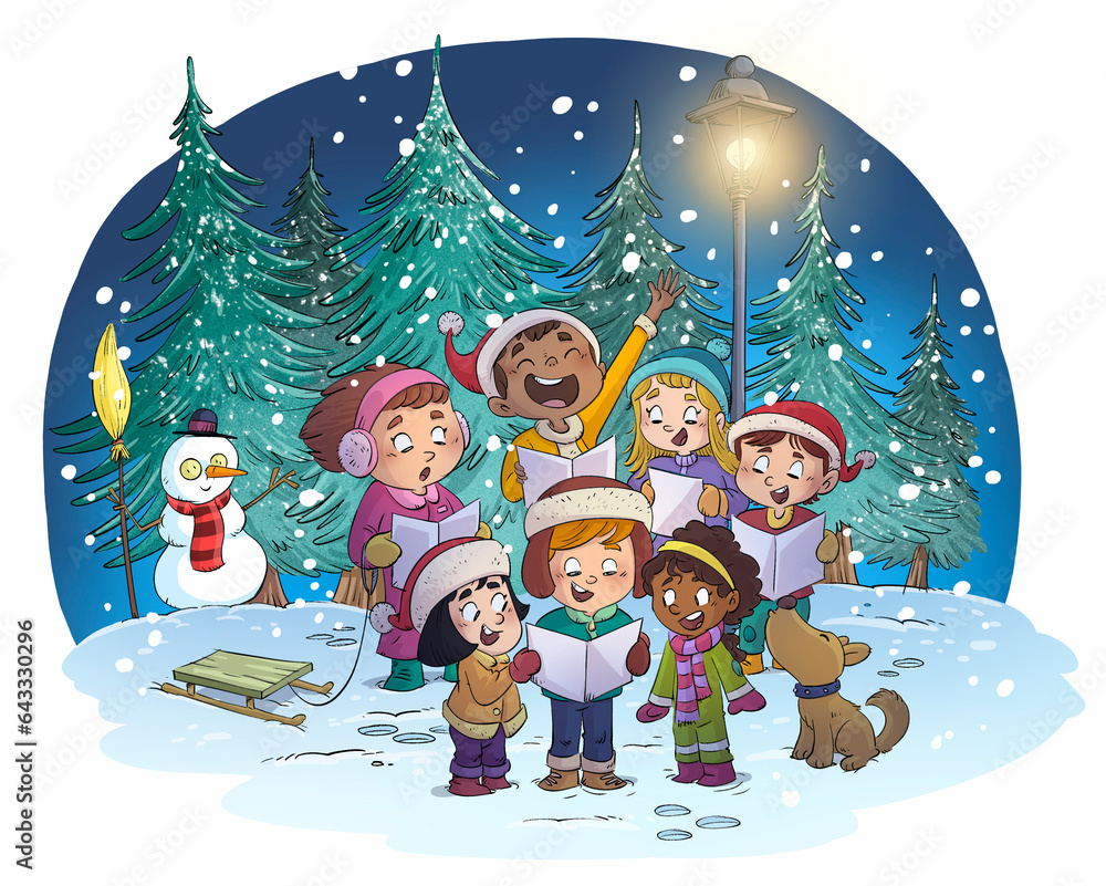 Naklejka premium Children singing in a Christmas choir while it snows