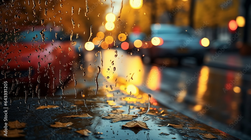 rainy city street on Autumn evening,yellow leaves fall on puddle,car traffic blurred light 