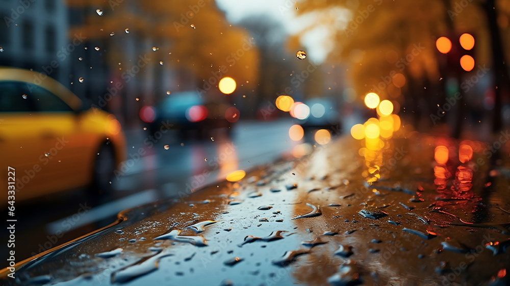 rainy city street on Autumn evening,yellow leaves fall on puddle,car traffic blurred light 