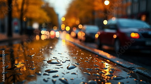 rainy city street on Autumn evening,yellow leaves fall on puddle,car traffic blurred light  © Aleksandr