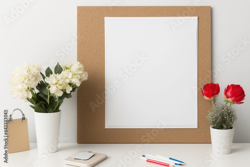 MockUp. A corkboard with two crisp  white stickers fastened to it and an empty frame. A red apple  a white cup  and a little floral arrangement. Desktop Concept in White. Generative AI