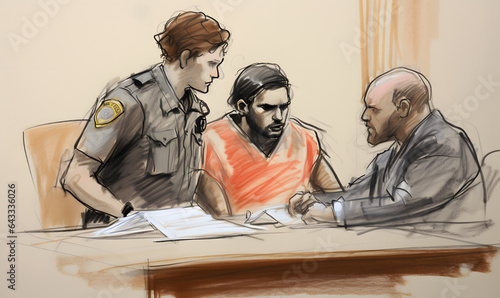 courtroom sketch scene showing an incarcerated male, a lawyer or prosecutor, and a court bailiff with red hair
