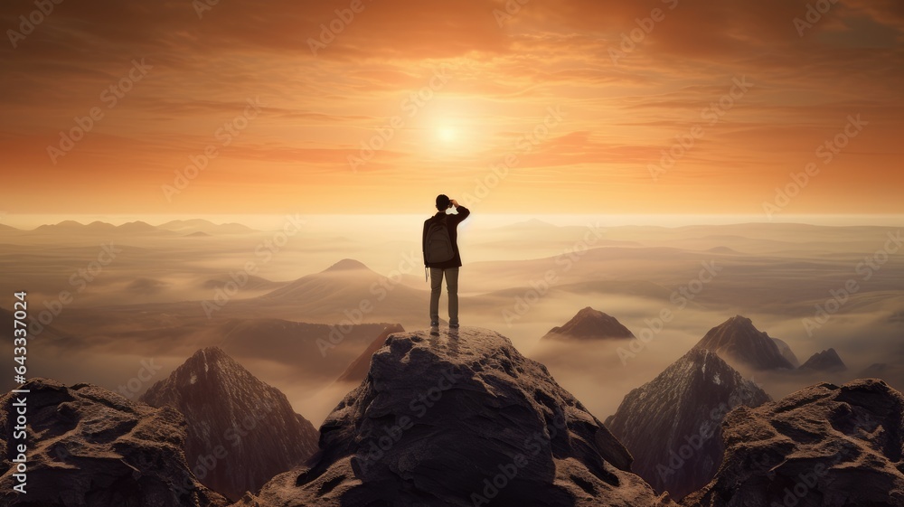 A person looking through binoculars towards a distant horizon