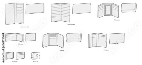 Set of Wallets, Cases, Business card holders. Fashion accessory technical illustration. Organizer front 3-4 view for Men, women, unisex silhouette style, flat handbag CAD sketch outline isolated
