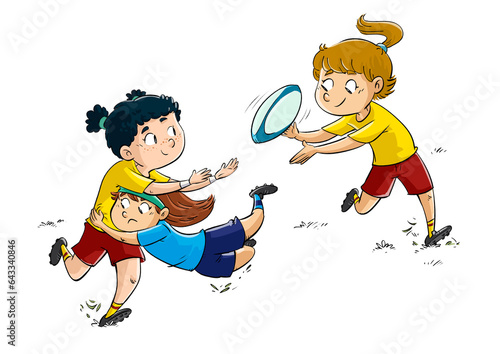 Drawing of little girls playing rugby passing the ball and tackling