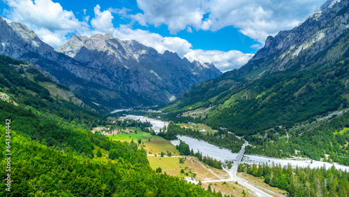 Panoramic aerial drone view of Valbona valley, Theth national park, Albanian Alps, Albania. photo