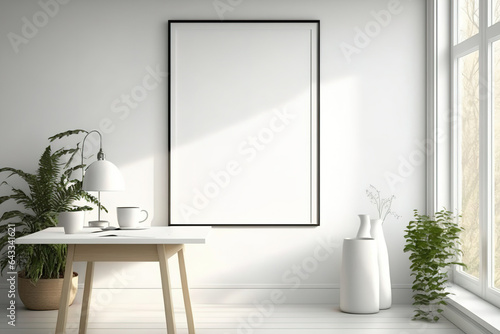Window-side living room with wooden table and blank white poster. Mockup. Generative AI