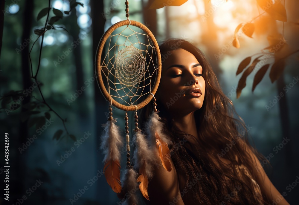 Beautiful young woman with dreamcatcher in the forest. Boho style. background with copy space. - obrazy, fototapety, plakaty 