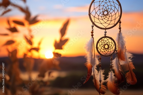Dream catcher with feathers threads and beads rope hanging. Dreamcatcher handmade. background with copy space.