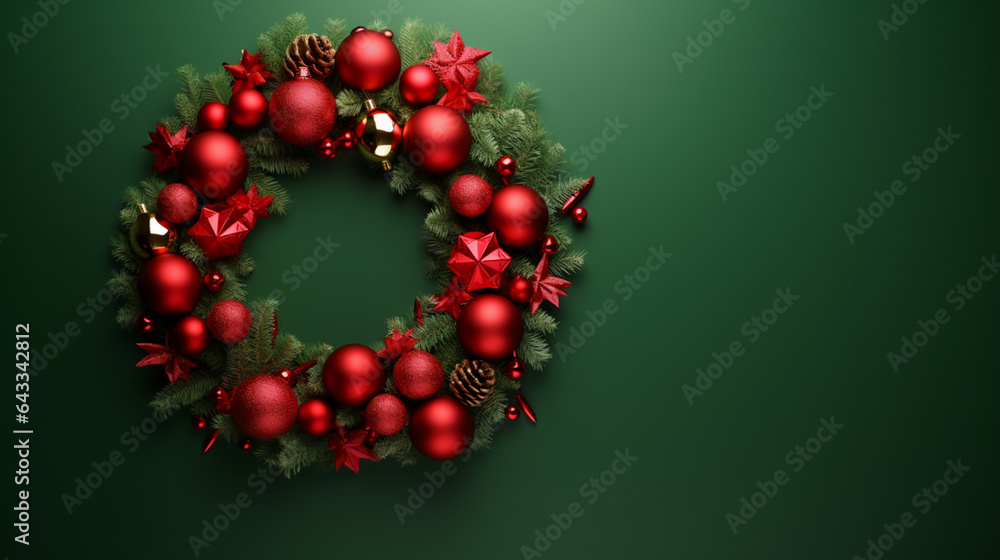 Christmas wreath with red and gold decorations on green background, Top view with copy space. Christmas wreath with red and gold decorations on green background, Top view with copy space.