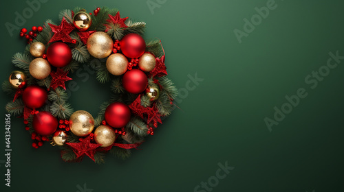 Christmas wreath with red and gold decorations on green background, Top view with copy space.