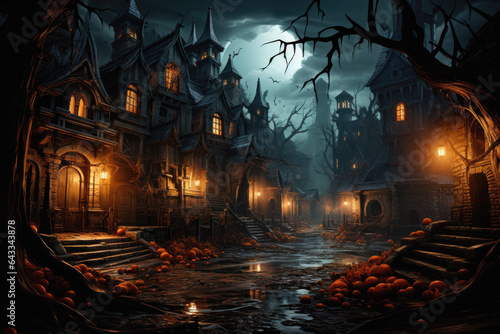 Happy Halloween background spooky scene  creepy dark night jack o lantern pumpkins and spooky graves on graveyard ghosts horror gothic evil cemetery landscape. Mysterious night moonlight backdrop.