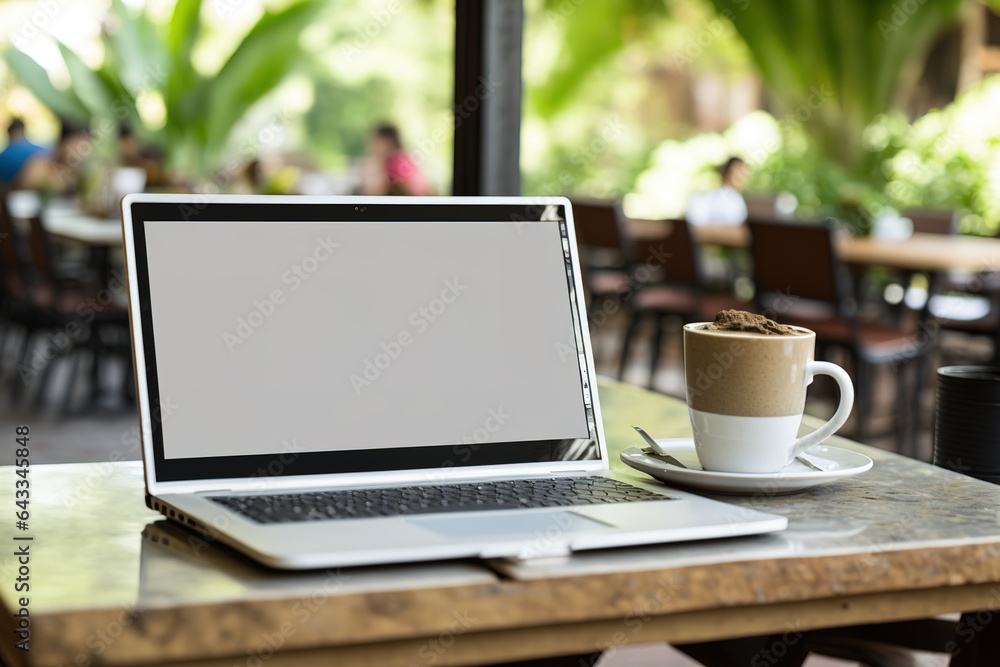 Laptop computer blank screen on wooden table and blurred Coffee shop interior background with bokeh image, for product display montage. Generative AI Laptop computer blank screen on wooden table and blurred Coffee shop interior background with bokeh image, for product display montage. Generative AI