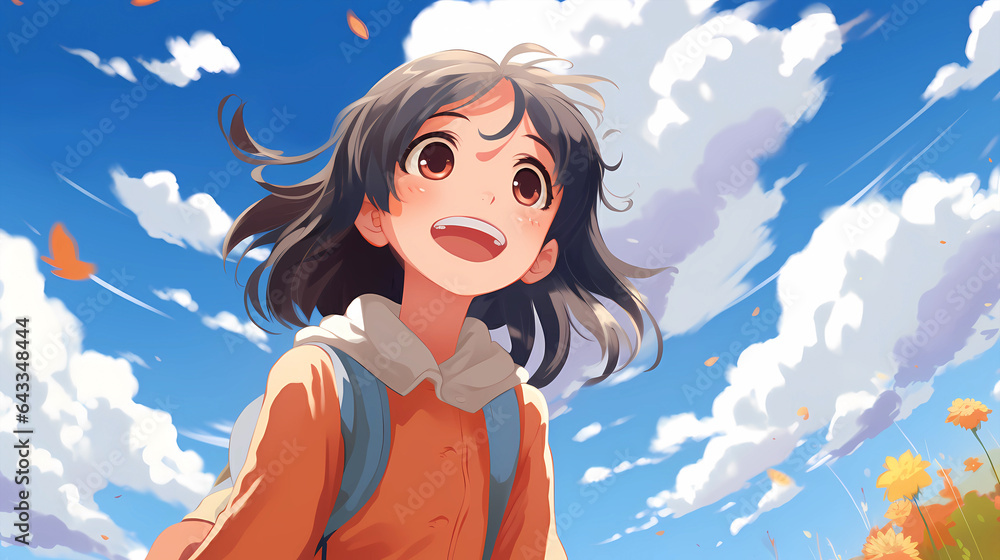 Hand drawn cartoon cute girl anime illustration under the blue sky and white clouds in autumn
Hand drawn cartoon cute girl anime illustration under the blue sky and white clouds in autumn