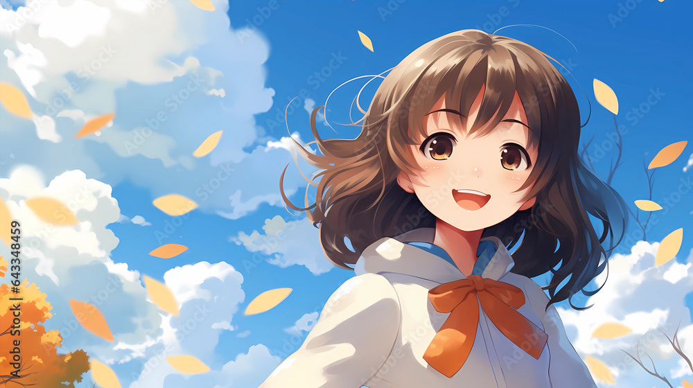 Hand drawn cartoon cute girl anime illustration under the blue sky and white clouds in autumn
Hand drawn cartoon cute girl anime illustration under the blue sky and white clouds in autumn
