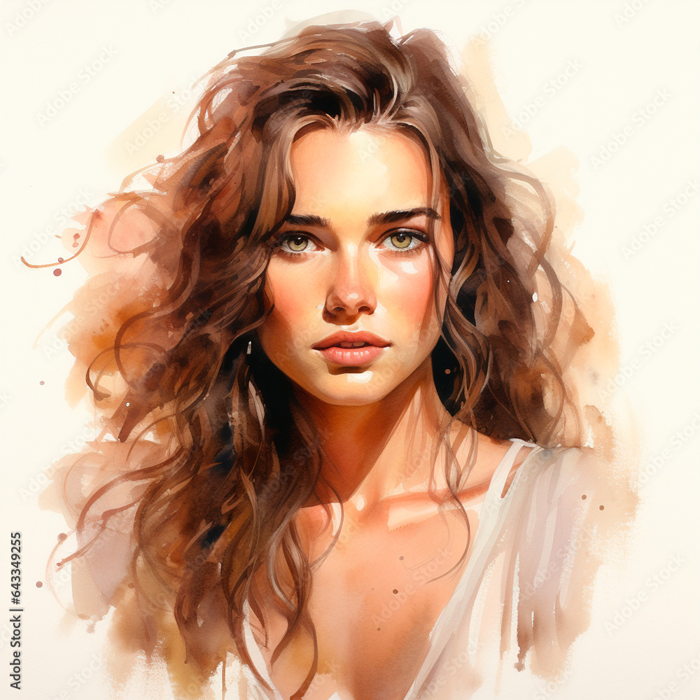 Watercolor Woman Portrait, Brown - hair girl
