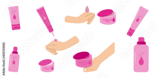 Barbiecore set. Hand skin care pink color. Creams and moisturizing cosmetics of the pink doll. Vector illustration.