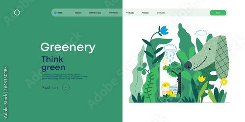 Greenery, ecology -modern flat vector concept illustration of a man in teh bottle, his ecosystem. Dog in a park. Metaphor of environmental sustainability and protection, closeness to nature