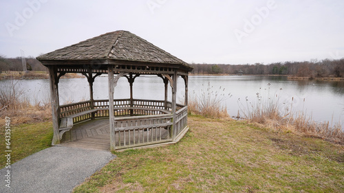 Wooden structure at Lake Artemesia during cold grey cloudy winter day (College Park, Maryland, USA). 