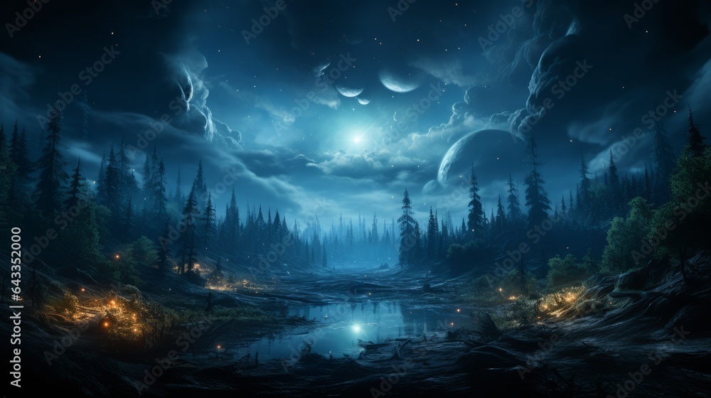 A fantastical blue night landscape with huge moon. Generative AI. A fantastical blue night landscape with huge moon. Generative AI.