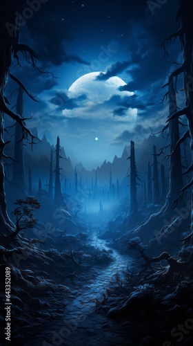 A fantastical blue night landscape with huge moon. Generative AI. 