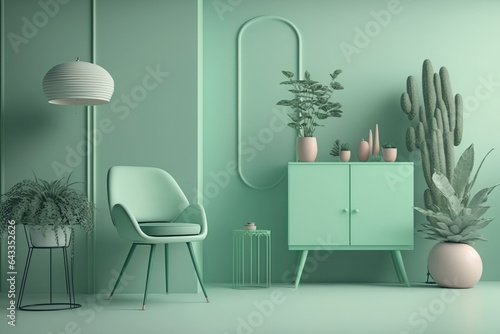 The room's furnishings and accessories are all in a simple, pastel green tone throughout the interior. copy space on a light background. for backdrops, presentations, or websites. Generative AI © Sona