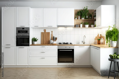 Interior of a contemporary, cozy white kitchen. Generative AI