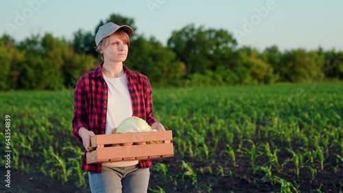 Agricultural industry. Farmer woman carries box fresh vegetables on way to field. Concept of farming using natural food products. Ripe vegetables in box. Growing organic food. Field work, harvesting