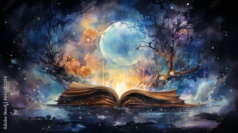 A fantasy book open bursting with magic and knowledge. Generative AI. A fantasy book open bursting with magic and knowledge. Generative AI.