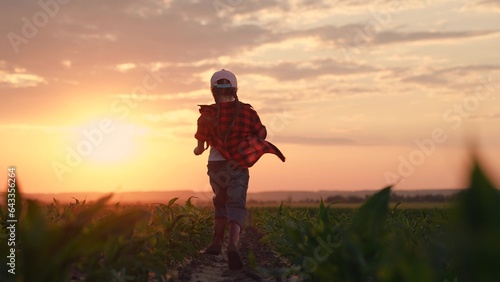 Kid runs in rubber boots on field with sprouts. Happy little girl rubber boots run on field sunset. Farmer child run in field corn sprouts. Happy carefree childhood. Growing corn, agricultural, food © zoteva87