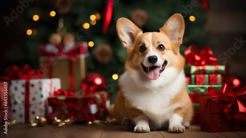 Corgi dressed in a Christmas costume, sitting on the floor