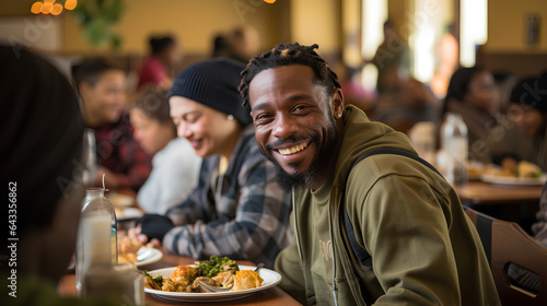 Positive black homeless man sits at a table in a bustling shelter dining hall  surrounded by other individuals