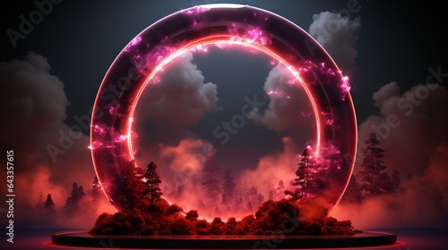 A circular neon light with clouds and space for a product or text. Generative AI. 