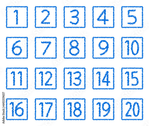 手描きのクレヨン素材　20までの数字アイコンセット