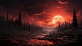 A fantasy landscape with huge orange moon. Generative AI. 