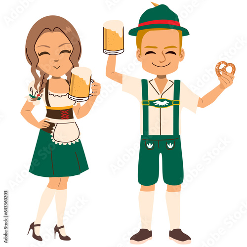 Vector Illustration of Germany Couple Wearing Traditional Costume in Oktoberfest Party. Cartoon character mascot. Man and woman in national folk clothing