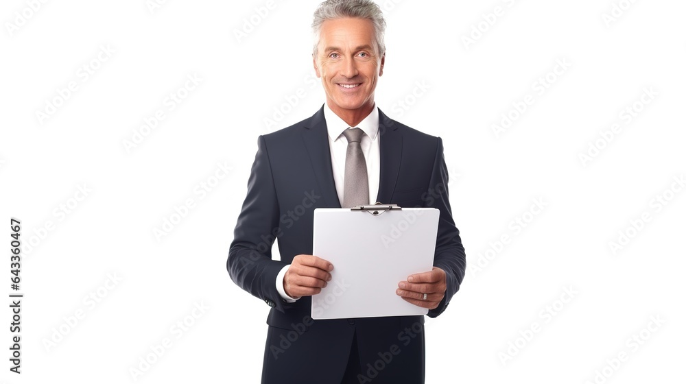 businessman holding a clipboard looking at camera on white background businessman holding a clipboard looking at camera on white background