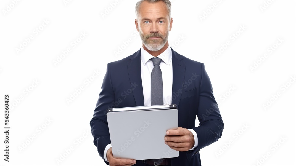 businessman holding a clipboard looking at camera on white background businessman holding a clipboard looking at camera on white background
