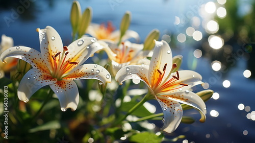 lilies flowers white lilac pink with morning dew water drops in garden on fron blue sky ,nature plant 