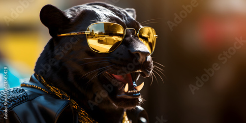 Cool cat panther or cougar black big cat wearing gold sunglasses, showing teeth