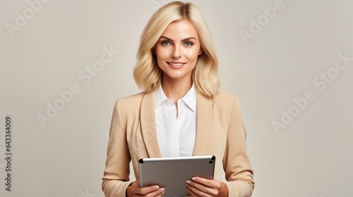 woman with tablet computer on white background