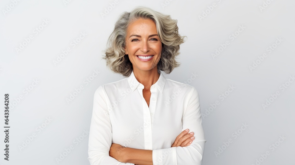 senior businesswoman looked at camera on white background senior businesswoman looked at camera on white background