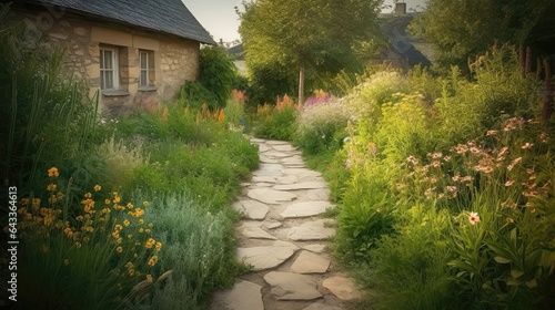 Serene Stroll: A Rustic Garden Pathway. Generative AI 2
