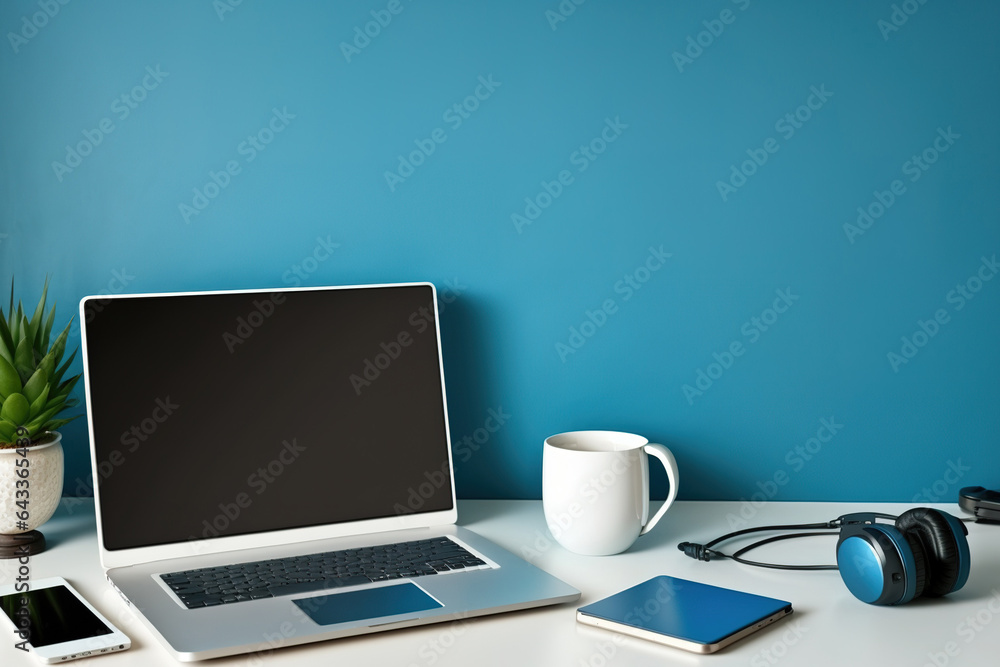 Modern office with laptop and tablet near blue wall. Generative AI Modern office with laptop and tablet near blue wall. Generative AI
