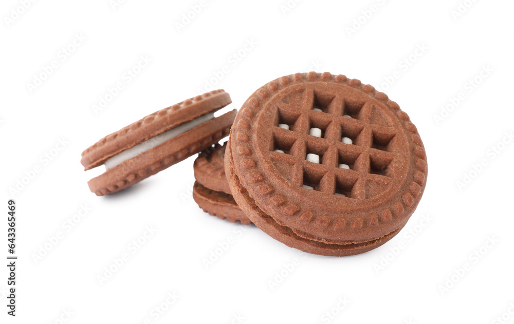 Tasty chocolate sandwich cookies with cream isolated on white Tasty chocolate sandwich cookies with cream isolated on white