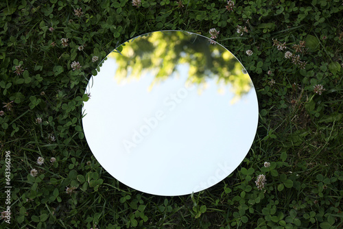 Round mirror among clovers reflecting tree and sky, above view