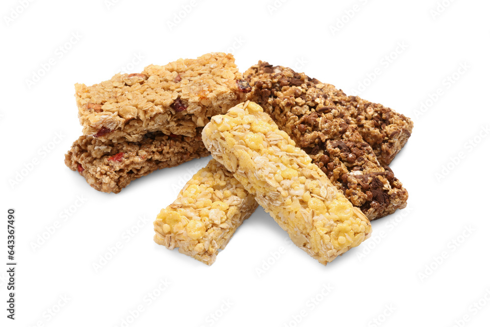 Different tasty granola bars isolated on white Different tasty granola bars isolated on white