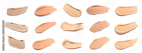 Set of foundation samples in different tones on white background