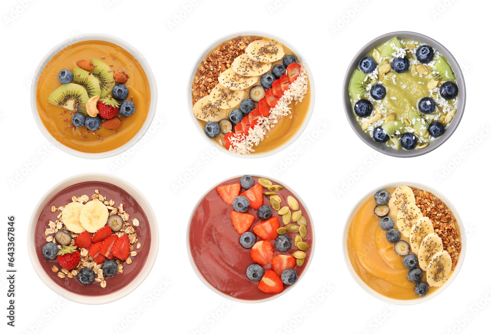 Set of different smoothie bowls isolated on white, top view Set of different smoothie bowls isolated on white, top view